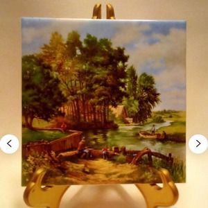 Vintage Hyalyn Southern Pottery Hot Pad Ceramic Trigger Fishing Scene Hot Plate